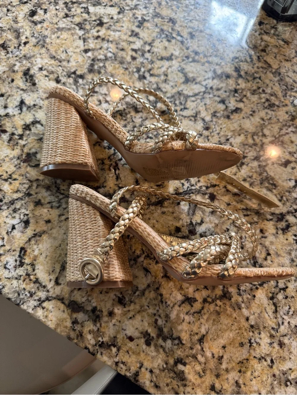 SHU SHOP Helen Gold Braided Raffia Block Heel Sandals